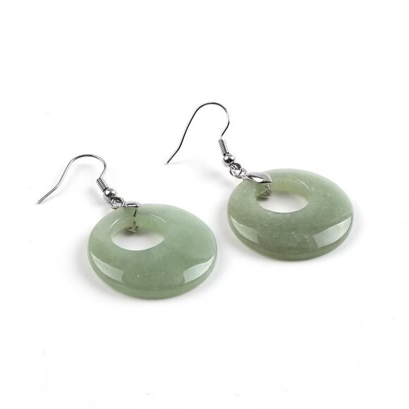 Green Aventurine Natural Stone Gemstone Round Hollow Healing Dangle Earrings - Picture 2 of 2
